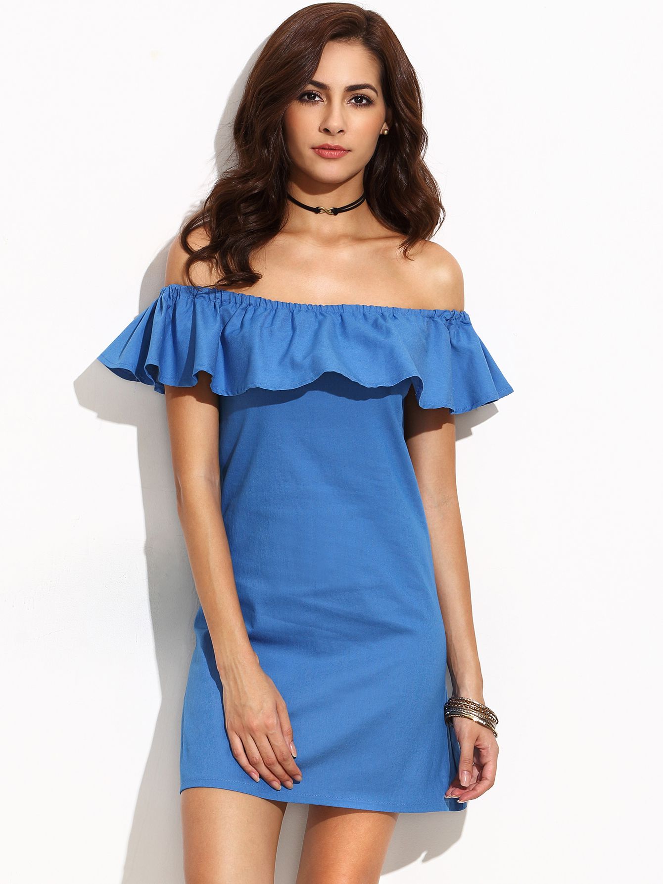Blue Ruffle Off The Shoulder Denim Dress