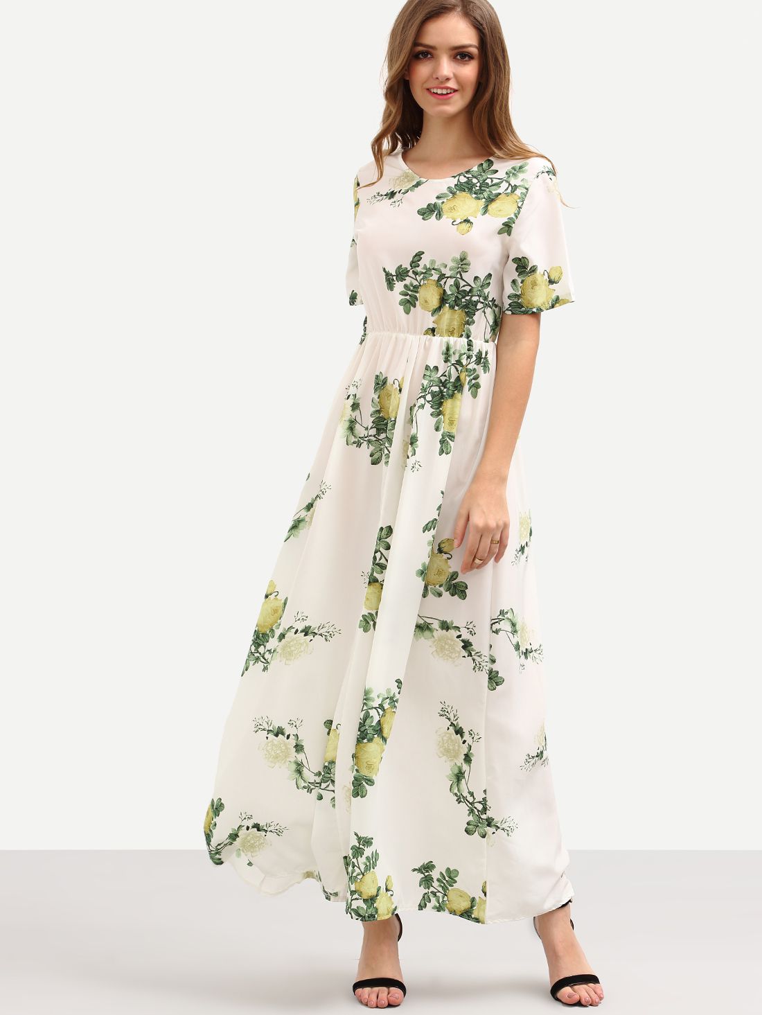 Flower Print High-Waist Dress - White