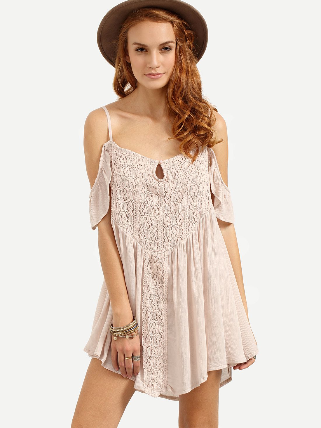 Cold Shoulder Lace Overlay Swing Dress - Apricot