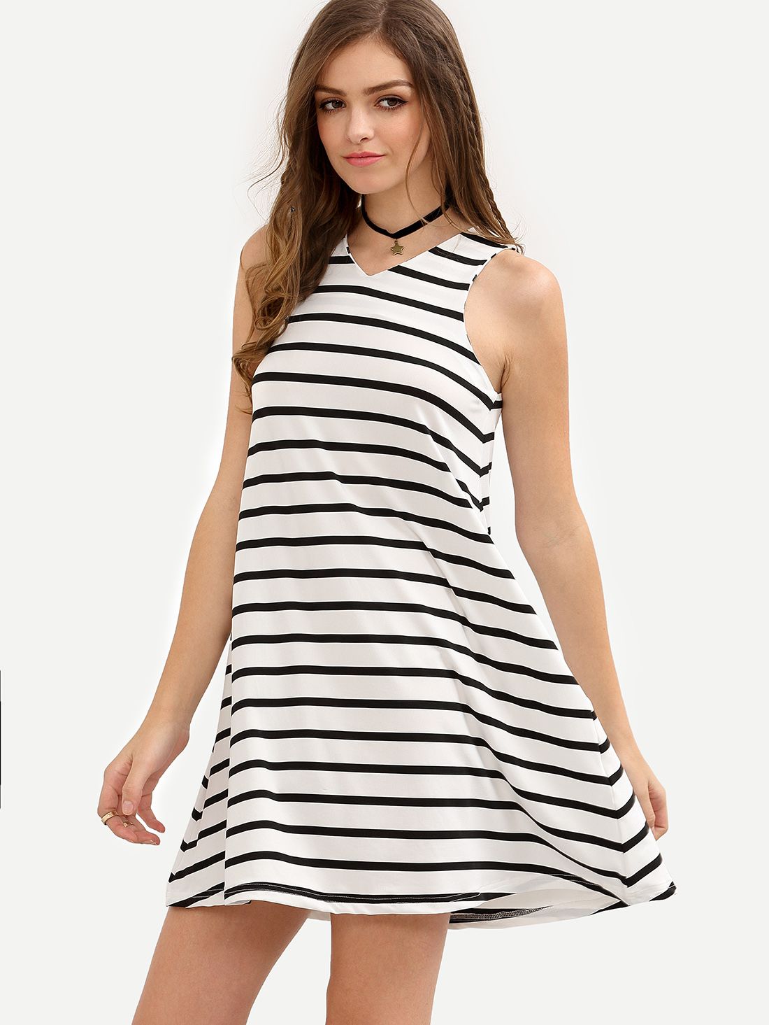 Black and White Striped Sleeveless V Neck Dress