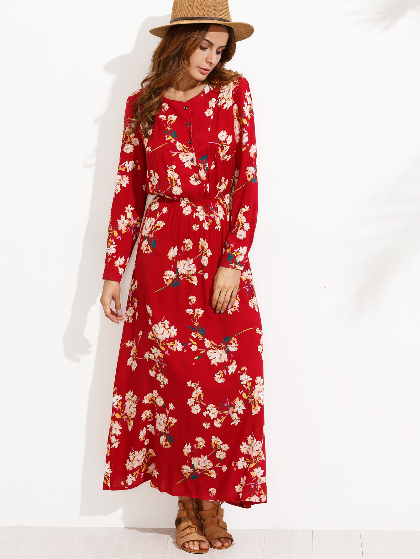 Red Floral Print Buttons Front Shirt Dress