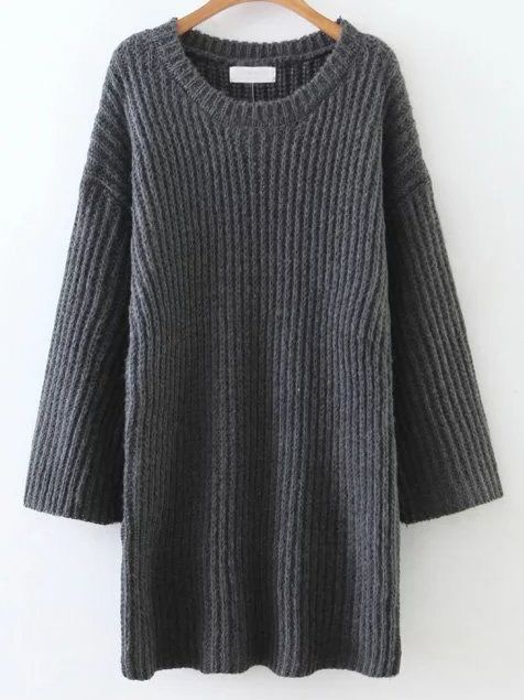 Dark Grey Round Neck Drop Shoulder Sweater Dress